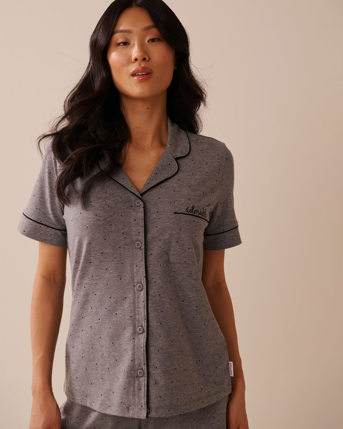 La Vie en Rose_Comfy Charcoal Grey Mix Dot_Cotton Short Sleeve Button-Down Shirt_40100765_P00432_01