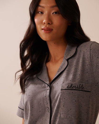 La Vie en Rose_Comfy Charcoal Grey Mix Dot_Cotton Short Sleeve Button-Down Shirt_40100765_P00432_03