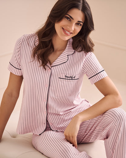 La Vie en Rose_Parfait Pink Pinstripe_Cotton Short Sleeve Button-Down Shirt_40100765_P60387_02