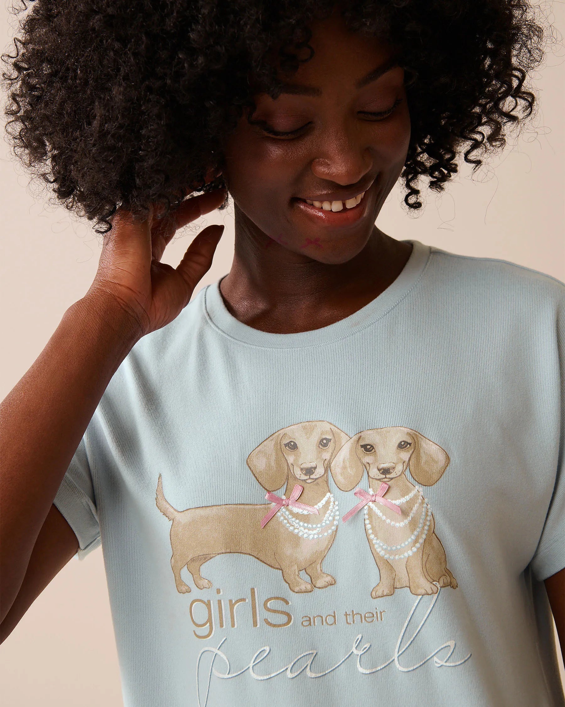 La Vie en Rose_Baby Blue_Dachshund Print Recycled Fibers Crew Neck T-Shirt_40100775_40152_03