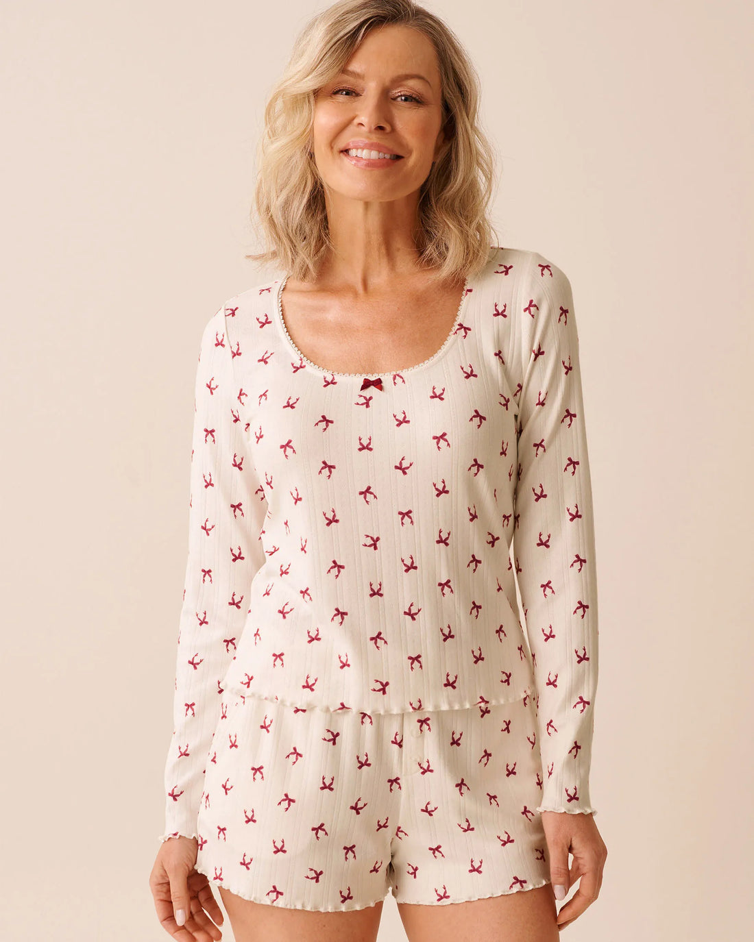 La Vie en Rose_Snow White Stripped Bow_Red Bow Print Pointelle Long Sleeve Shirt_40100789_P10558_01