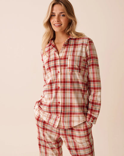 La Vie en Rose_Snow White Beige Plaid_Red &amp; Beige Plaid Soft Velour Button-Down Shirt_40100799_P10556_03