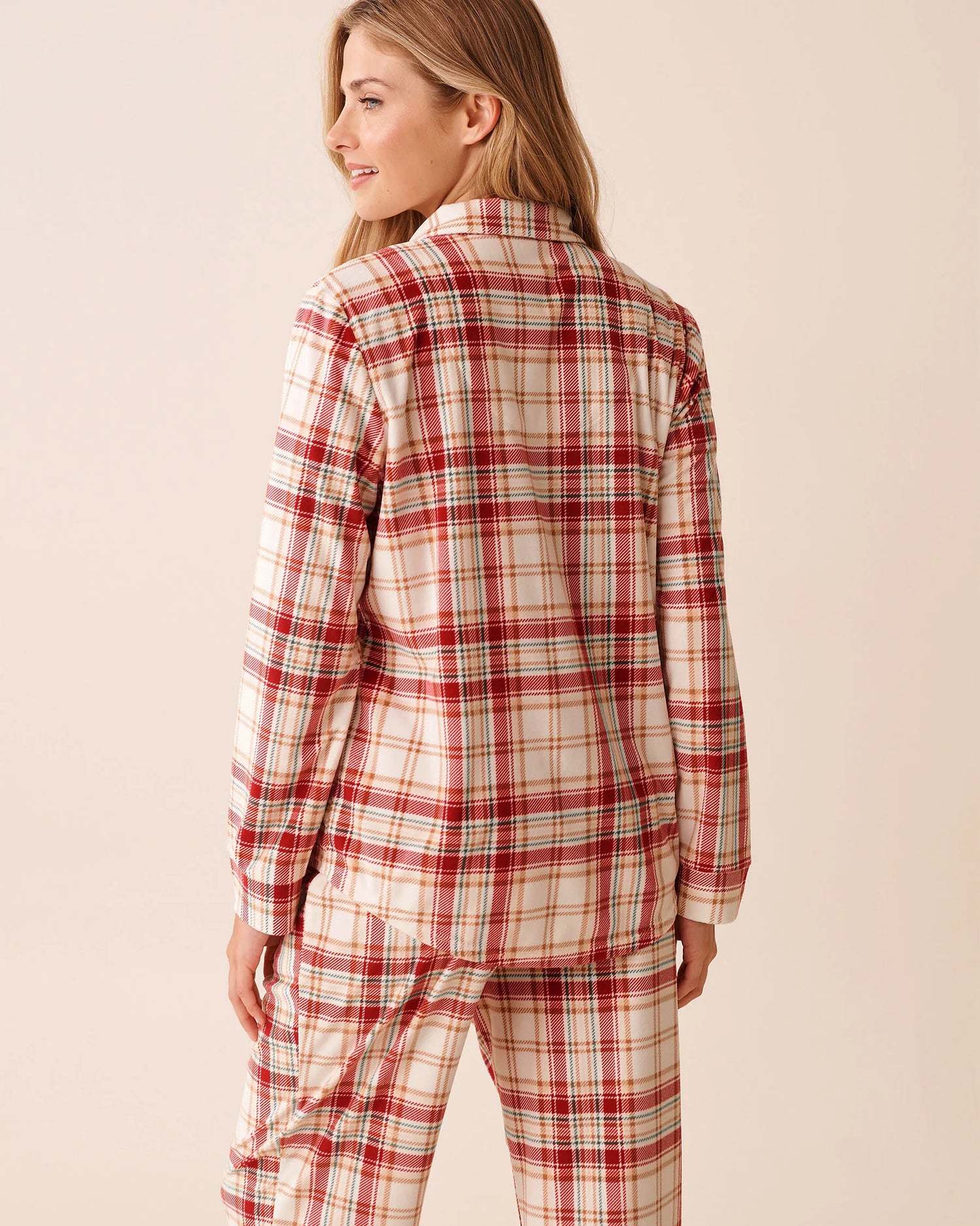 La Vie en Rose_Snow White Beige Plaid_Red &amp; Beige Plaid Soft Velour Button-Down Shirt_40100799_P10556_04