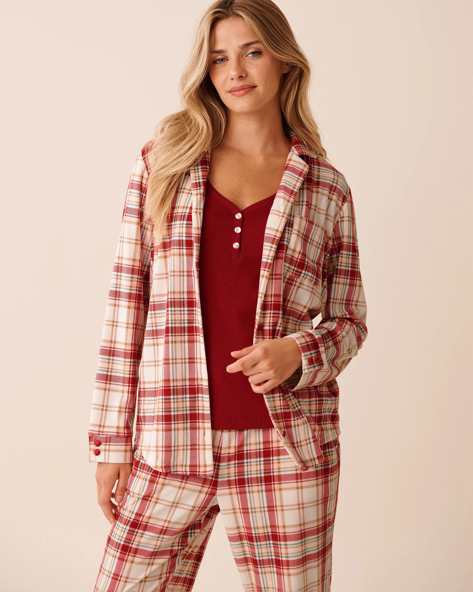 La Vie en Rose_Snow White Beige Plaid_Red &amp; Beige Plaid Soft Velour Button-Down Shirt_40100799_P10556_06