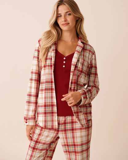 La Vie en Rose_Snow White Beige Plaid_Red &amp; Beige Plaid Soft Velour Button-Down Shirt_40100799_P10556_06