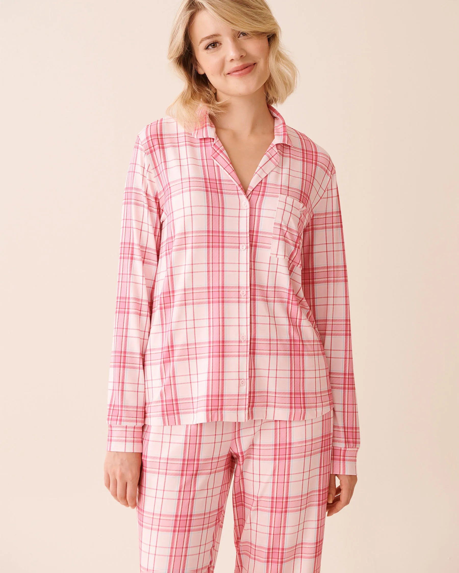 La Vie en Rose_Cherry Blossom Pink Plaid_Pink Plaid Super Soft Button-down Shirt_40100801_P60427_01