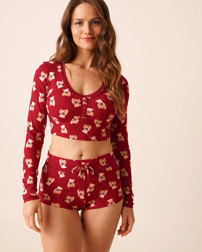 La Vie en Rose_Savvy Red Teddy Bear_Teddy Bear Print Super Soft Long Sleeve Crop Top_40100802_P60429_01