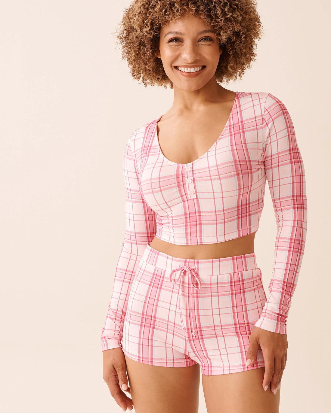 La Vie en Rose_Cherry Blossom Pink Plaid_Pink Plaid Super Soft Long Sleeve Crop Top_40100812_P60427_01