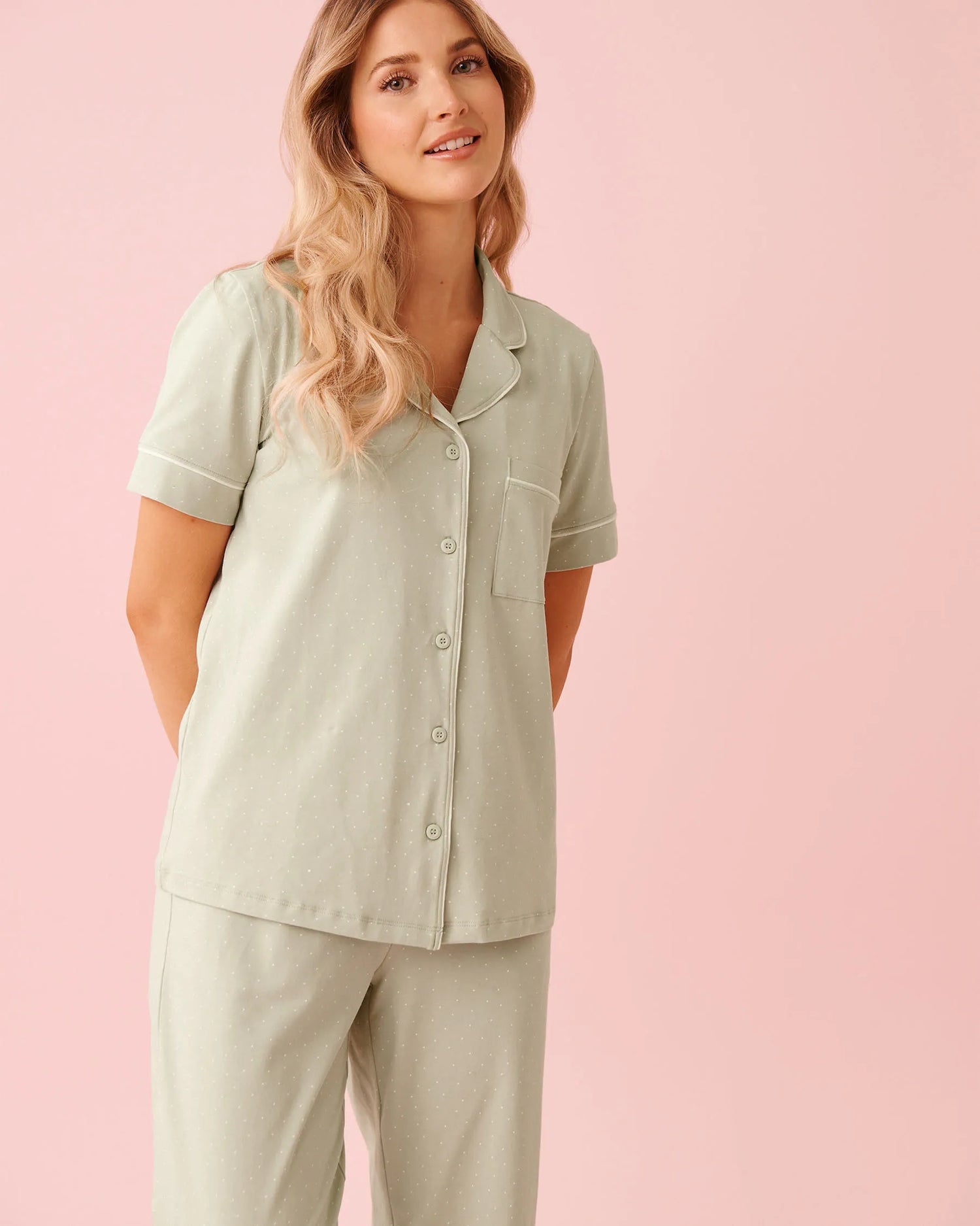 La Vie en Rose Mineral Gray Mini Dot Women Cotton Short Sleeve Button-down Shirt SKU: 40100824_P30144 Image 01