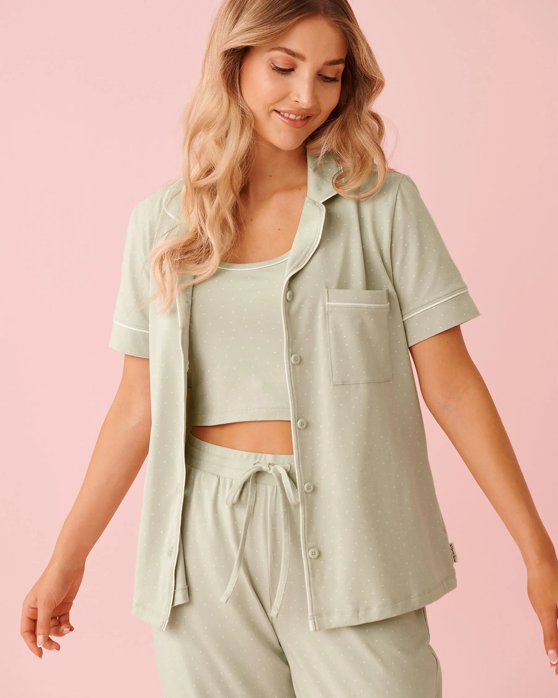 La Vie en Rose Mineral Gray Mini Dot Women Cotton Short Sleeve Button-down Shirt SKU: 40100824_P30144 Image 04