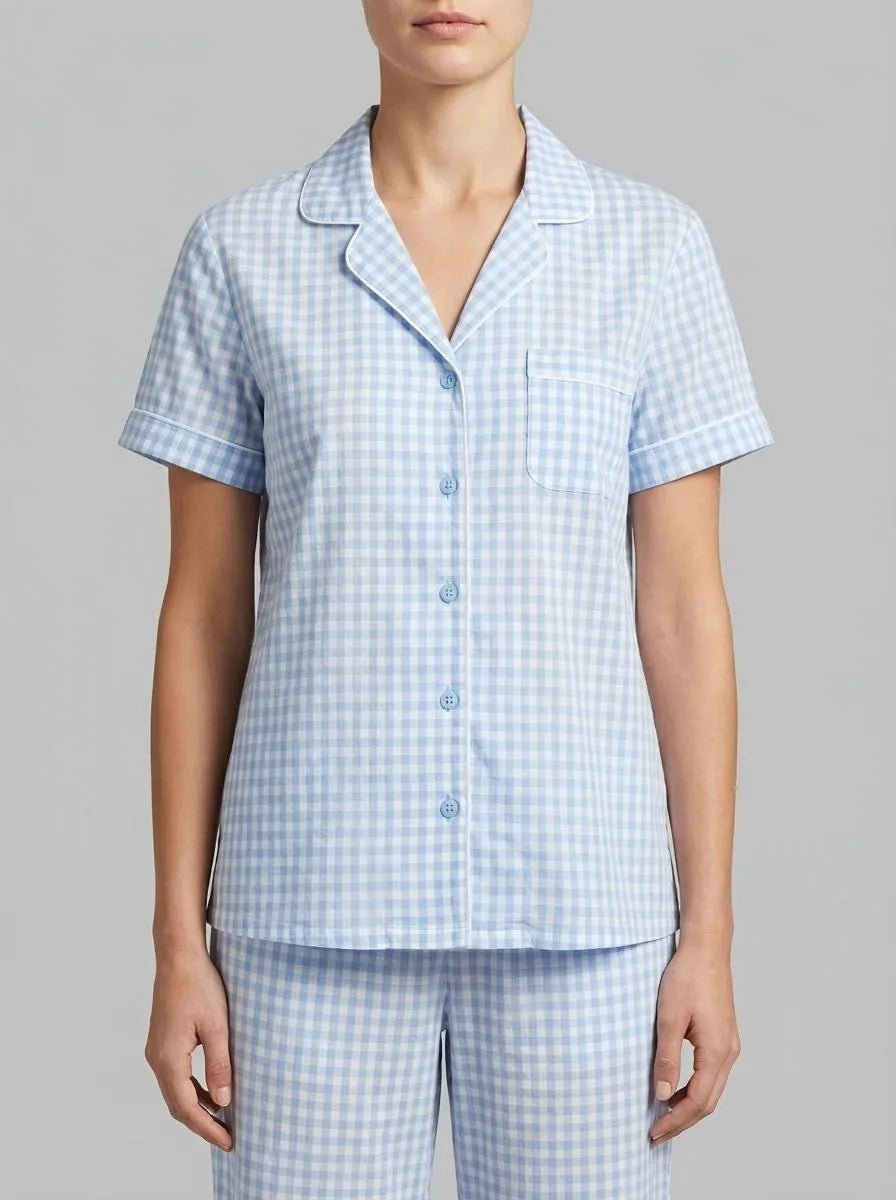 La Vie en Rose Windsurfer Gingham Women Cotton Short Sleeve Button-down Shirt SKU: 40100824_P40535 Image 00