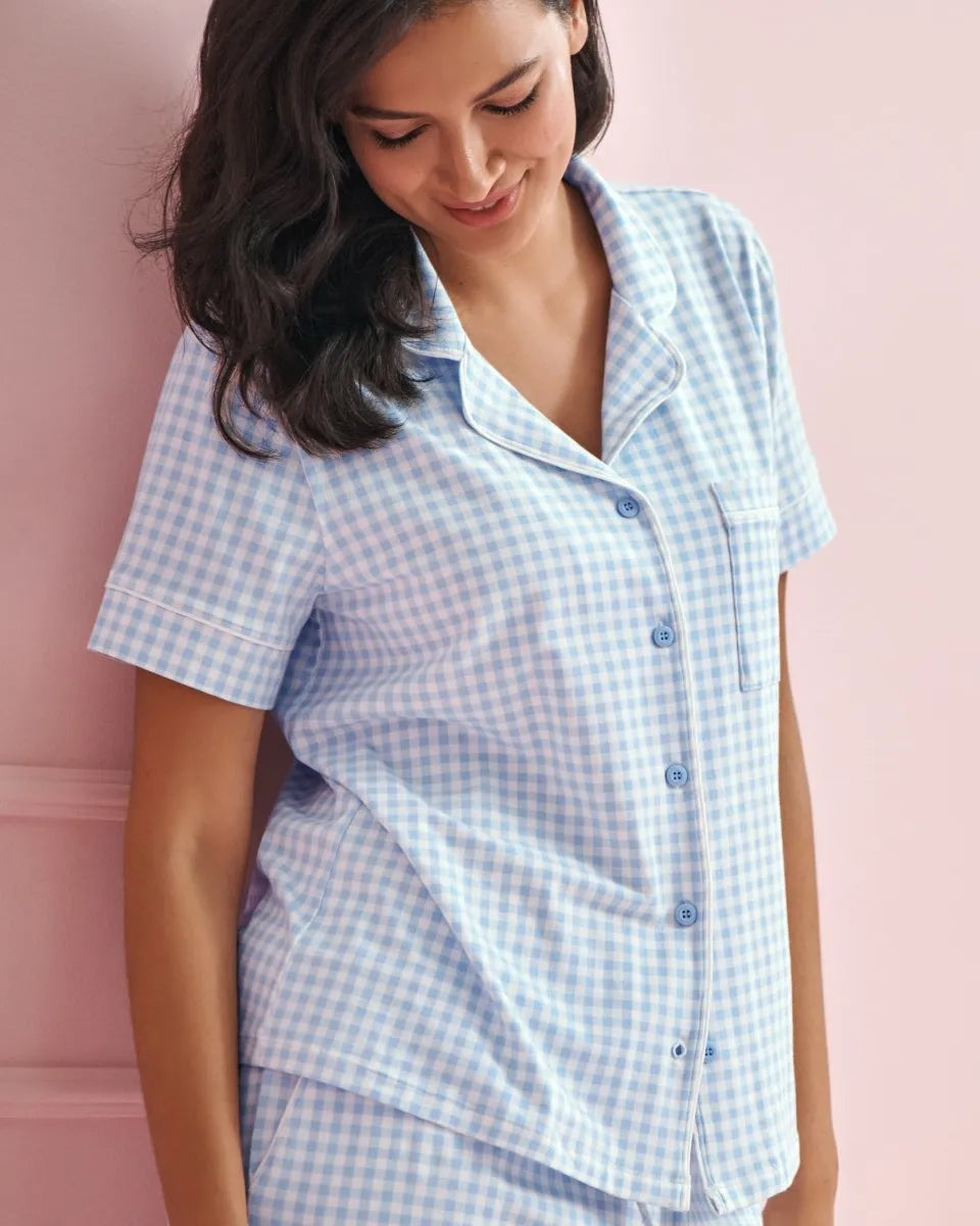 La Vie en Rose Windsurfer Gingham Women Cotton Short Sleeve Button-down Shirt SKU: 40100824_P40535 Image 01