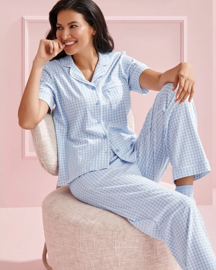 La Vie en Rose Windsurfer Gingham Women Cotton Short Sleeve Button-down Shirt SKU: 40100824_P40535 Image 02