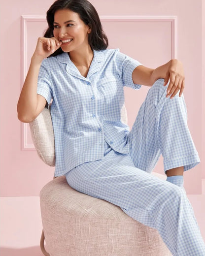 La Vie en Rose Windsurfer Gingham Women Cotton Short Sleeve Button-down Shirt SKU: 40100824_P40535 Image 02