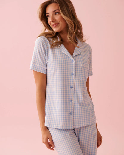 La Vie en Rose Windsurfer Gingham Women Cotton Short Sleeve Button-down Shirt SKU: 40100824_P40535 Image 03
