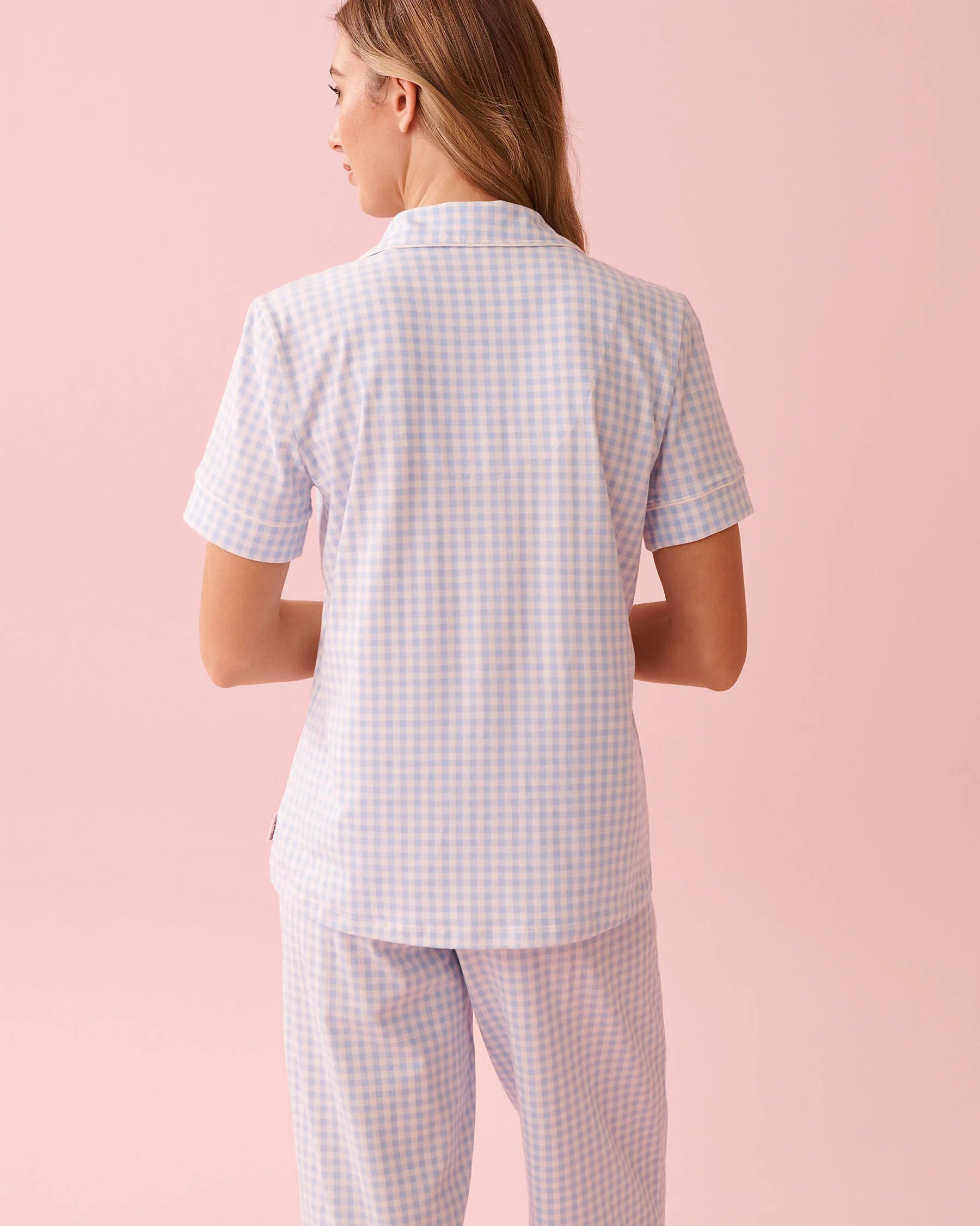 La Vie en Rose Windsurfer Gingham Women Cotton Short Sleeve Button-down Shirt SKU: 40100824_P40535 Image 04