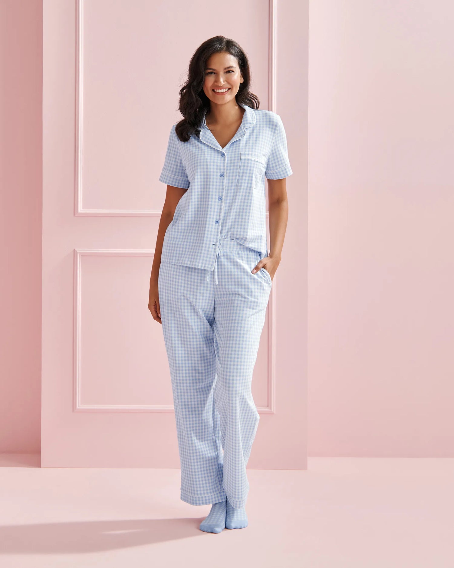 La Vie en Rose Windsurfer Gingham Women Cotton Short Sleeve Button-down Shirt SKU: 40100824_P40535 Image 06