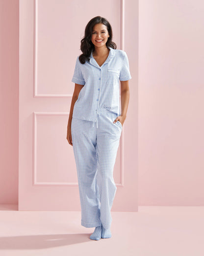 La Vie en Rose Windsurfer Gingham Women Cotton Short Sleeve Button-down Shirt SKU: 40100824_P40535 Image 06