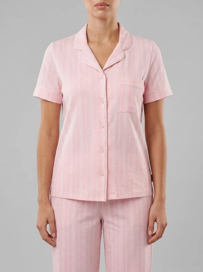La Vie en Rose Tickled Pink Lver Stripe Women Cotton Short Sleeve Button-down Shirt SKU: 40100824_P60442 Image 00
