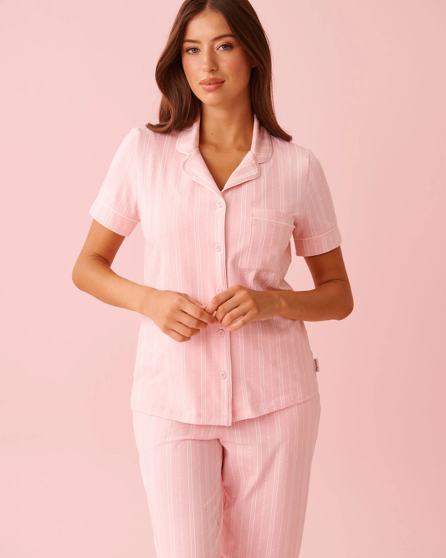La Vie en Rose Tickled Pink Lver Stripe Women Cotton Short Sleeve Button-down Shirt SKU: 40100824_P60442 Image 01