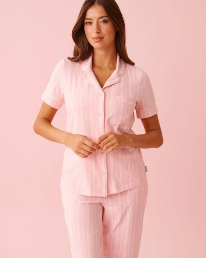 La Vie en Rose Tickled Pink Lver Stripe Women Cotton Short Sleeve Button-down Shirt SKU: 40100824_P60442 Image 01
