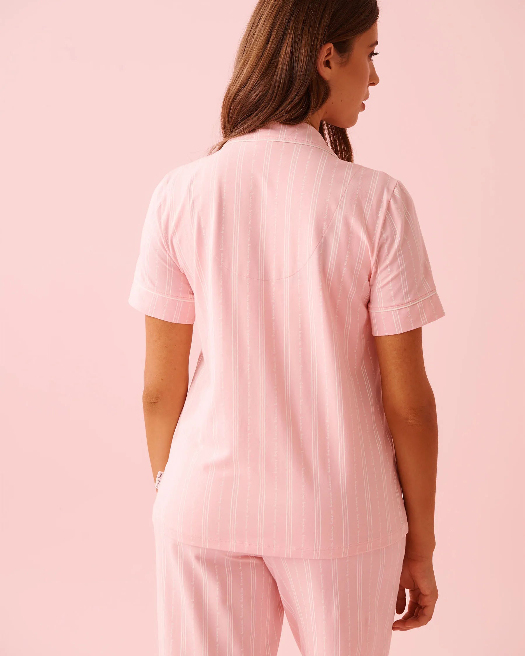 La Vie en Rose Tickled Pink Lver Stripe Women Cotton Short Sleeve Button-down Shirt SKU: 40100824_P60442 Image 02