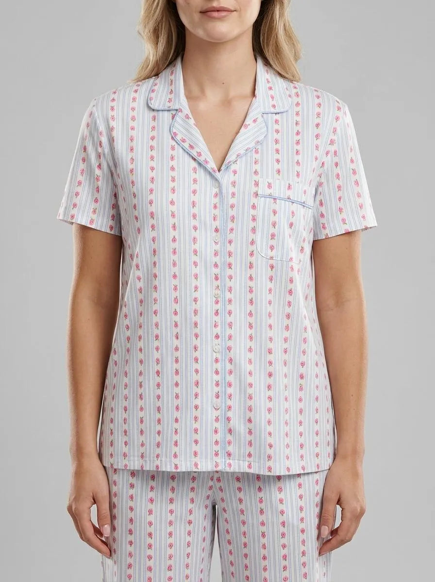 La Vie en Rose Snow White Rosette Stripe Women Rose Print Super Soft Button-down Shirt SKU: 40100827_P10575 Image 00