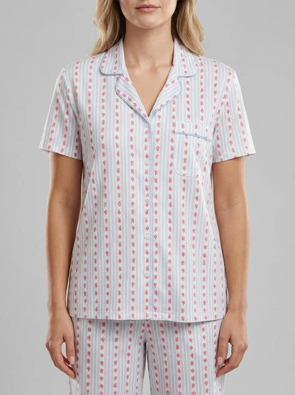 La Vie en Rose Snow White Rosette Stripe Women Rose Print Super Soft Button-down Shirt SKU: 40100827_P10575 Image 00