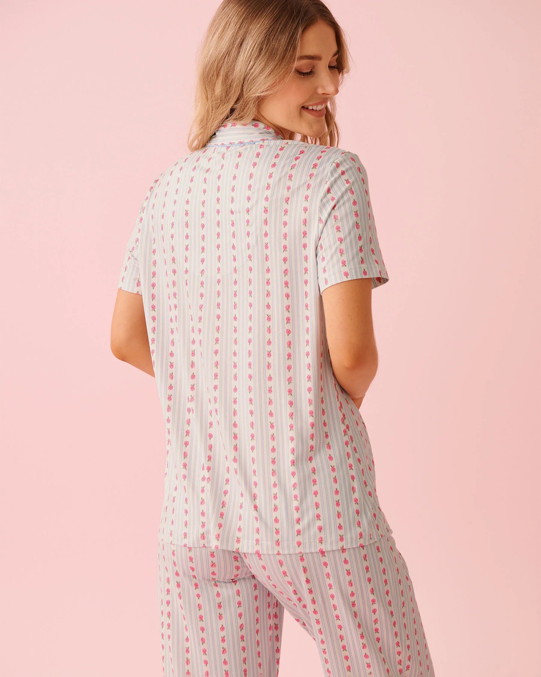 La Vie en Rose Snow White Rosette Stripe Women Rose Print Super Soft Button-down Shirt SKU: 40100827_P10575 Image 02