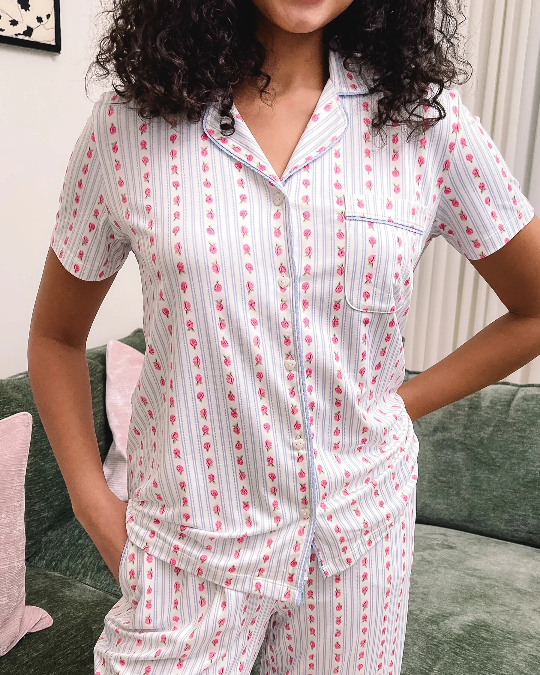 La Vie en Rose Snow White Rosette Stripe Women Rose Print Super Soft Button-down Shirt SKU: 40100827_P10575 Image 04