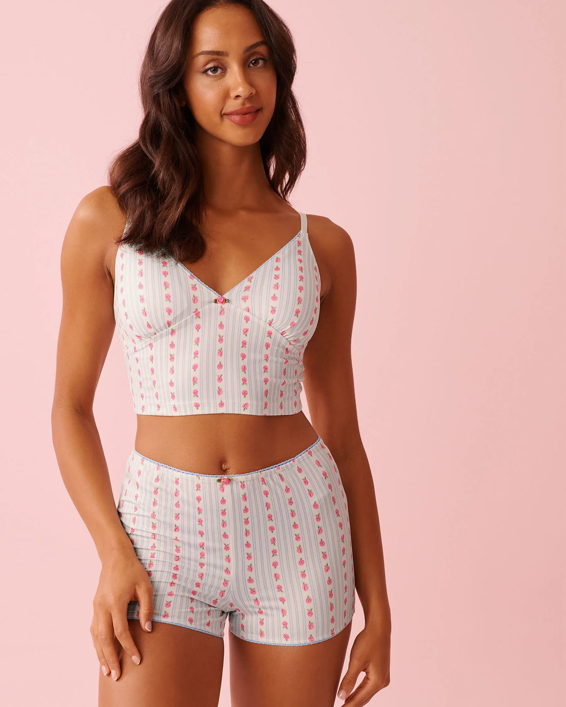 La Vie en Rose Snow White Rosette Stripe Women Rose Print Super Soft Crop Cami SKU: 40100828_P10575 Image 01