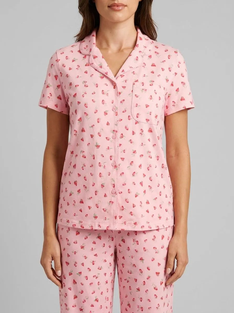 La Vie en Rose_Tickled Pink Strawberry_Spa Time Teddy Print Super Soft Button-down Shirt_40100830_P60440_00
