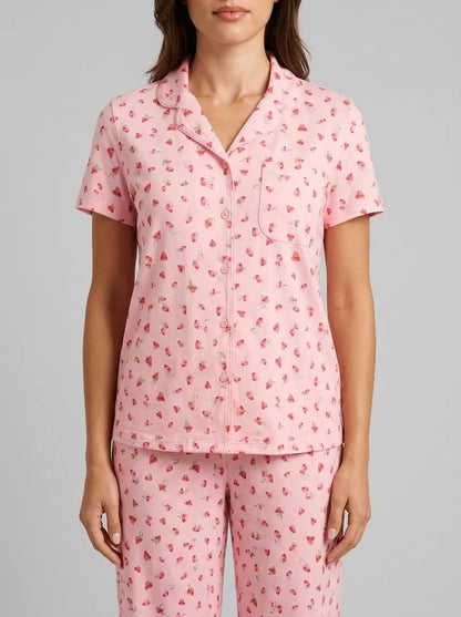 La Vie en Rose_Tickled Pink Strawberry_Spa Time Teddy Print Super Soft Button-down Shirt_40100830_P60440_00