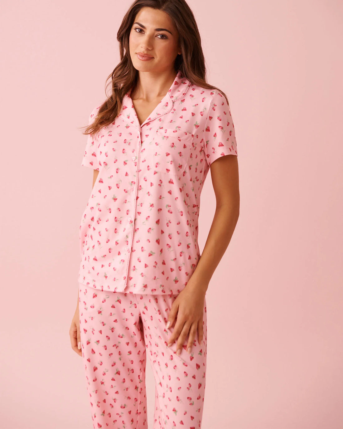 La Vie en Rose_Tickled Pink Strawberry_Spa Time Teddy Print Super Soft Button-down Shirt_40100830_P60440_01