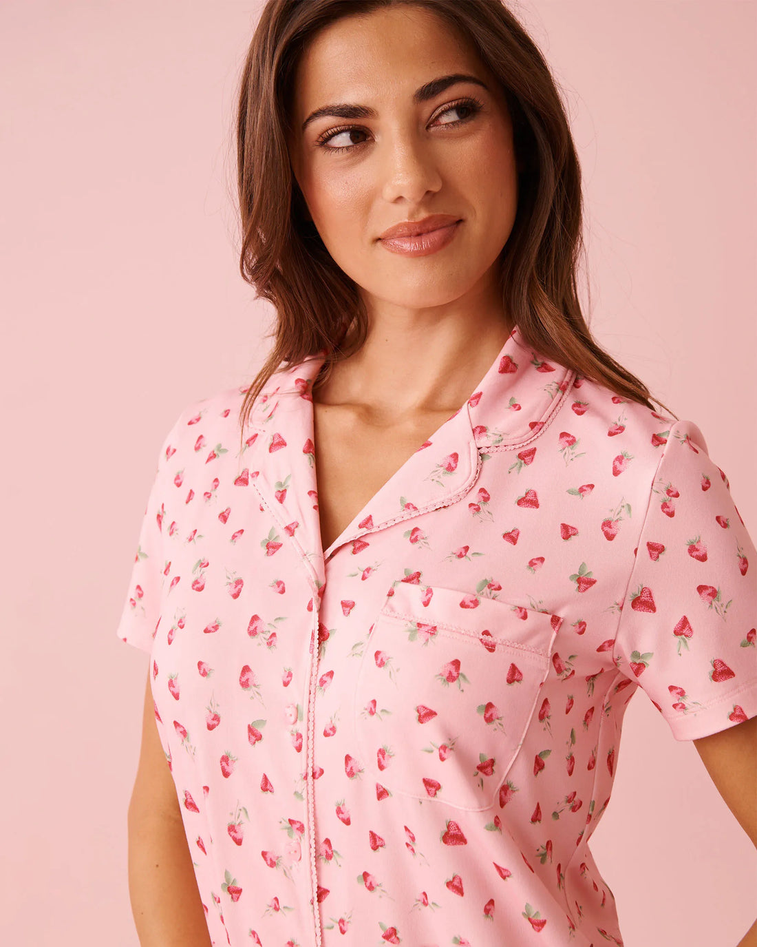 La Vie en Rose_Tickled Pink Strawberry_Spa Time Teddy Print Super Soft Button-down Shirt_40100830_P60440_03