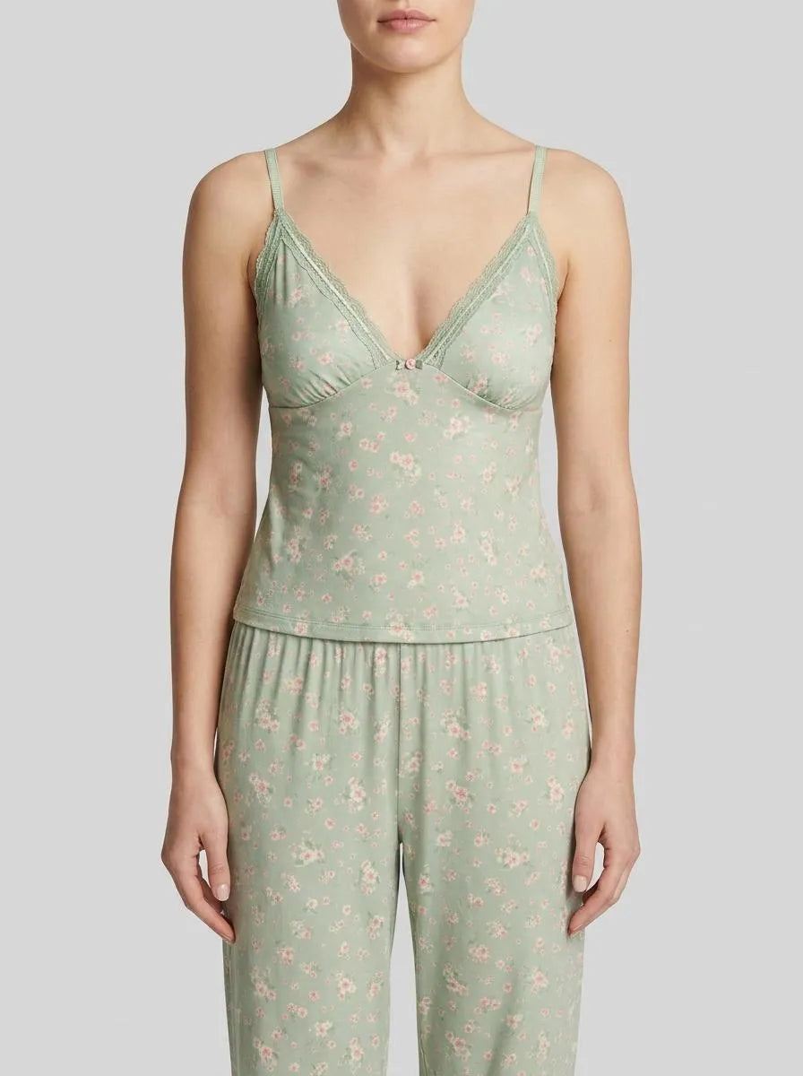 La Vie en Rose Mineral Gray Floral Women Cherry Blossom Print Lace Trim Super Soft Cami SKU: 40100832_P30142 Image 00