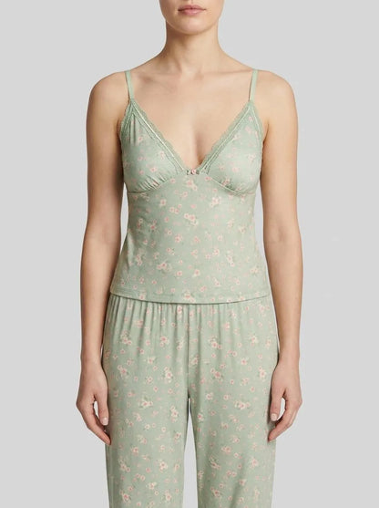 La Vie en Rose Mineral Gray Floral Women Cherry Blossom Print Lace Trim Super Soft Cami SKU: 40100832_P30142 Image 00