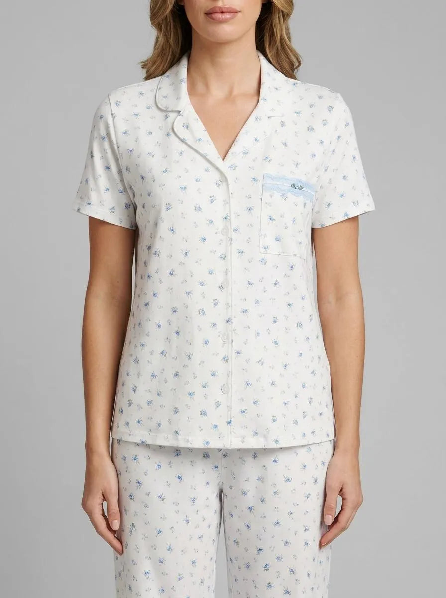 La Vie en Rose Snow White Blue Roses Women Blue Rose Print Super Soft Button-down Shirt SKU: 40100833_P10576 Image 00