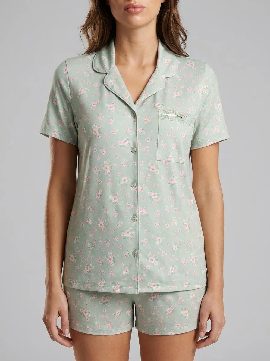 La Vie en Rose Mineral Gray Floral Women Cherry Blossom Print Super Soft Button-down Shirt SKU: 40100833_P30142 Image 00
