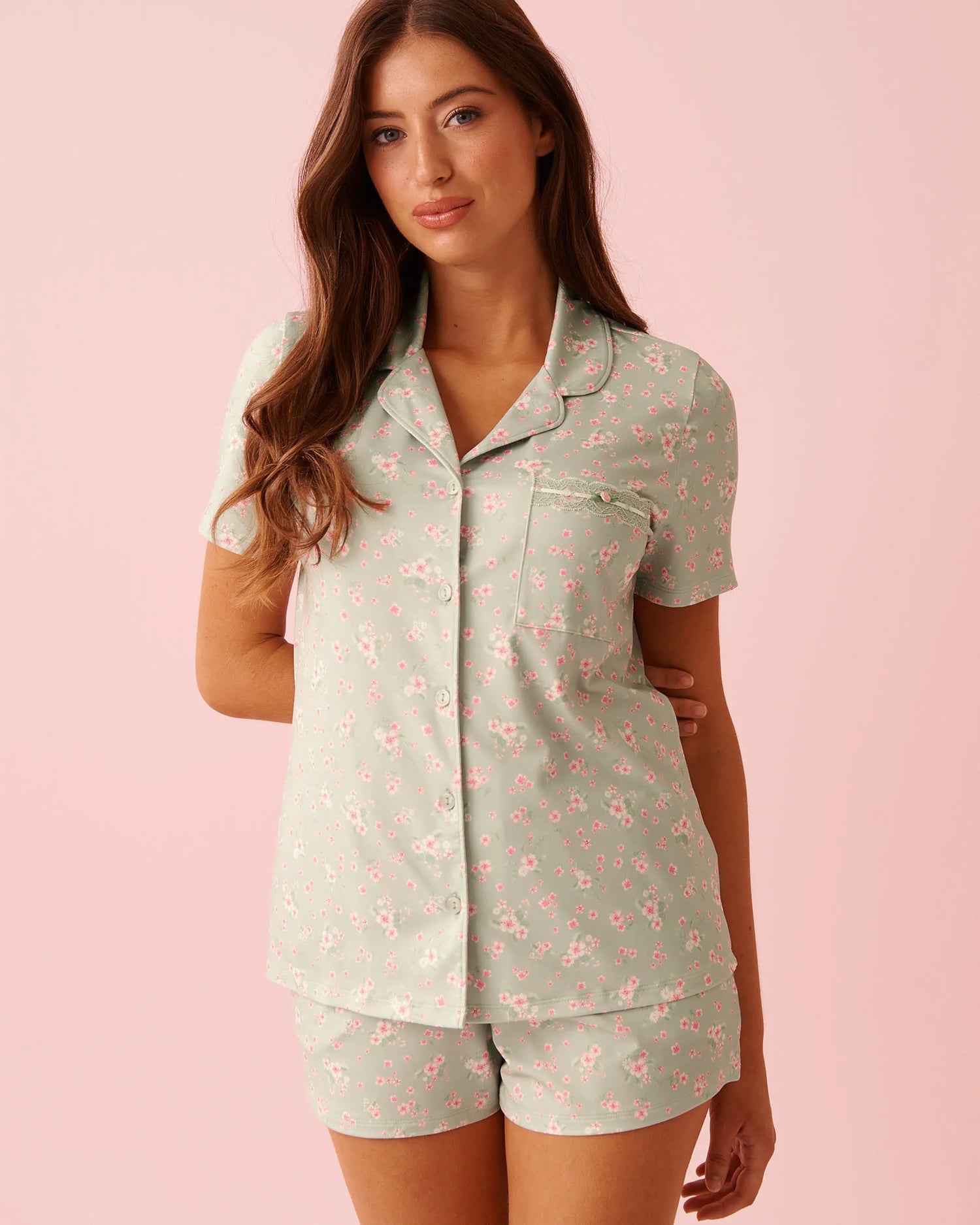 La Vie en Rose Mineral Gray Floral Women Cherry Blossom Print Super Soft Button-down Shirt SKU: 40100833_P30142 Image 01