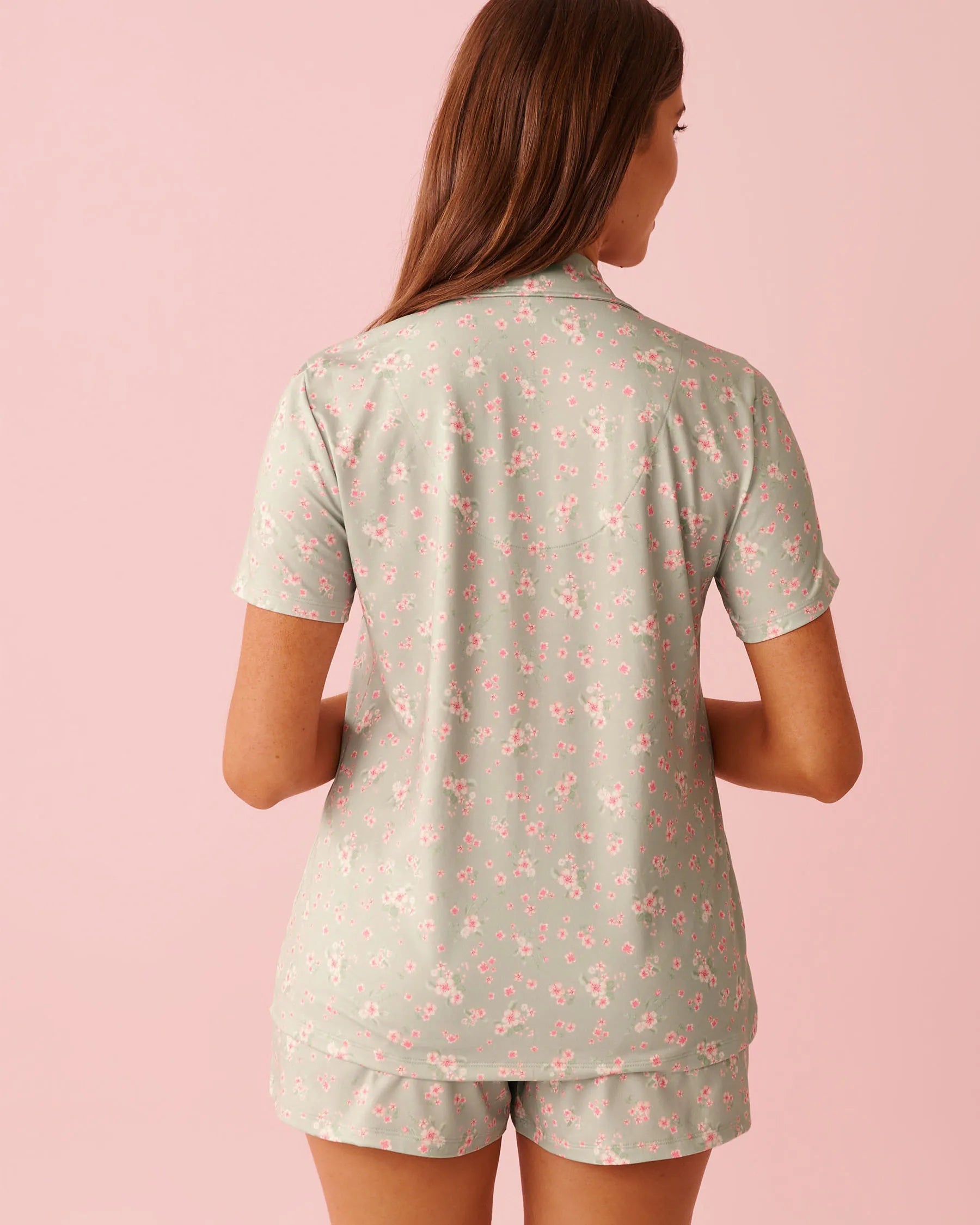 La Vie en Rose Mineral Gray Floral Women Cherry Blossom Print Super Soft Button-down Shirt SKU: 40100833_P30142 Image 02