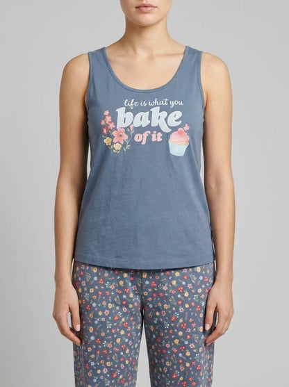 La Vie en Rose China Blue Women Flowers &amp; Cupcake Print Cotton Scoop Neck Cami SKU: 40100834_40126 Image 00