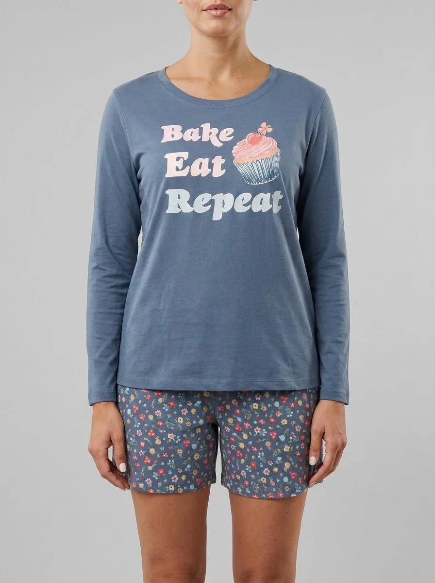 La Vie en Rose China Blue Women Cupcake Print Cotton Long Sleeve Shirt SKU: 40100835_40126 Image 00