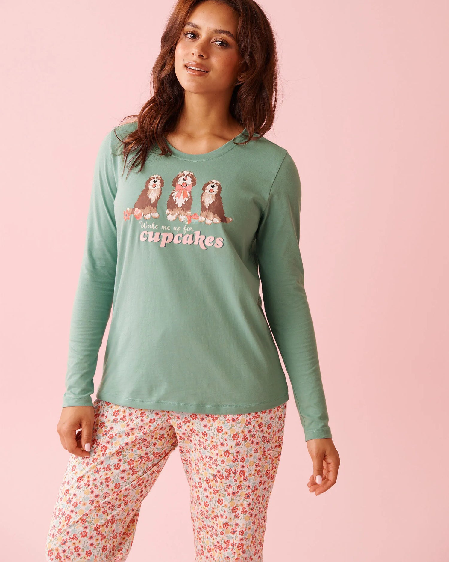 La Vie en Rose Aquifer Women Dog &amp; Cupcake Print Cotton Long Sleeve Shirt SKU: 40100835_40200 Image 01