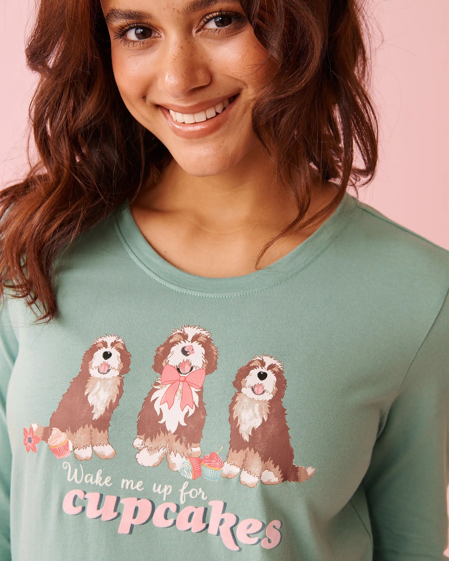 La Vie en Rose Aquifer Women Dog &amp; Cupcake Print Cotton Long Sleeve Shirt SKU: 40100835_40200 Image 03