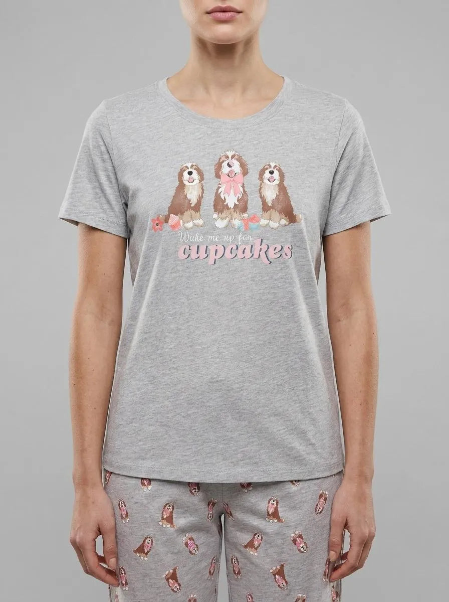 La Vie en Rose Comfy Grey Mix Women Dog &amp; Cupcake Print Cotton Crew Neck T-shirt SKU: 40100836_00007 Image 00