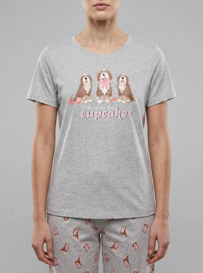La Vie en Rose Comfy Grey Mix Women Dog &amp; Cupcake Print Cotton Crew Neck T-shirt SKU: 40100836_00007 Image 00