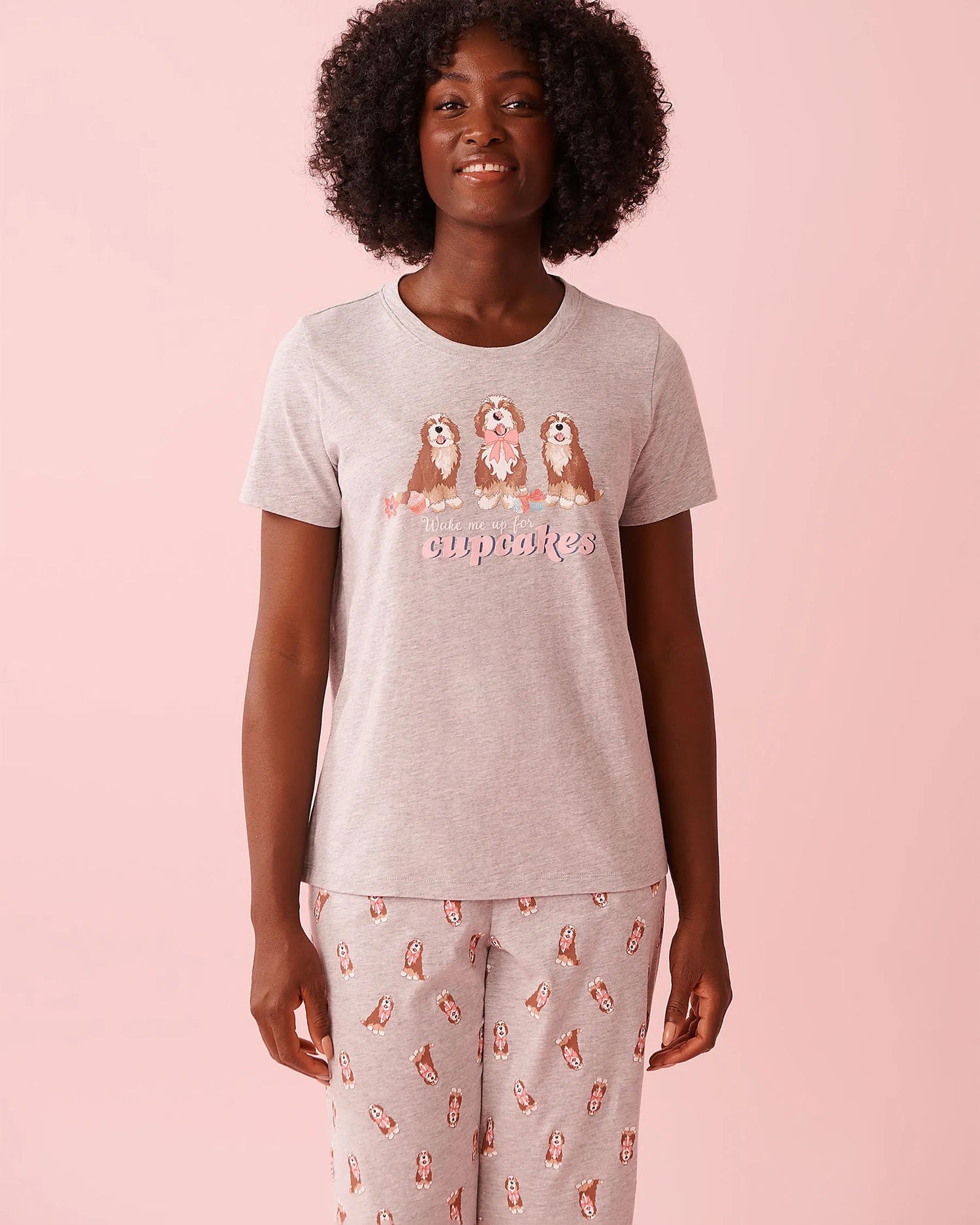 La Vie en Rose Comfy Grey Mix Women Dog &amp; Cupcake Print Cotton Crew Neck T-shirt SKU: 40100836_00007 Image 01