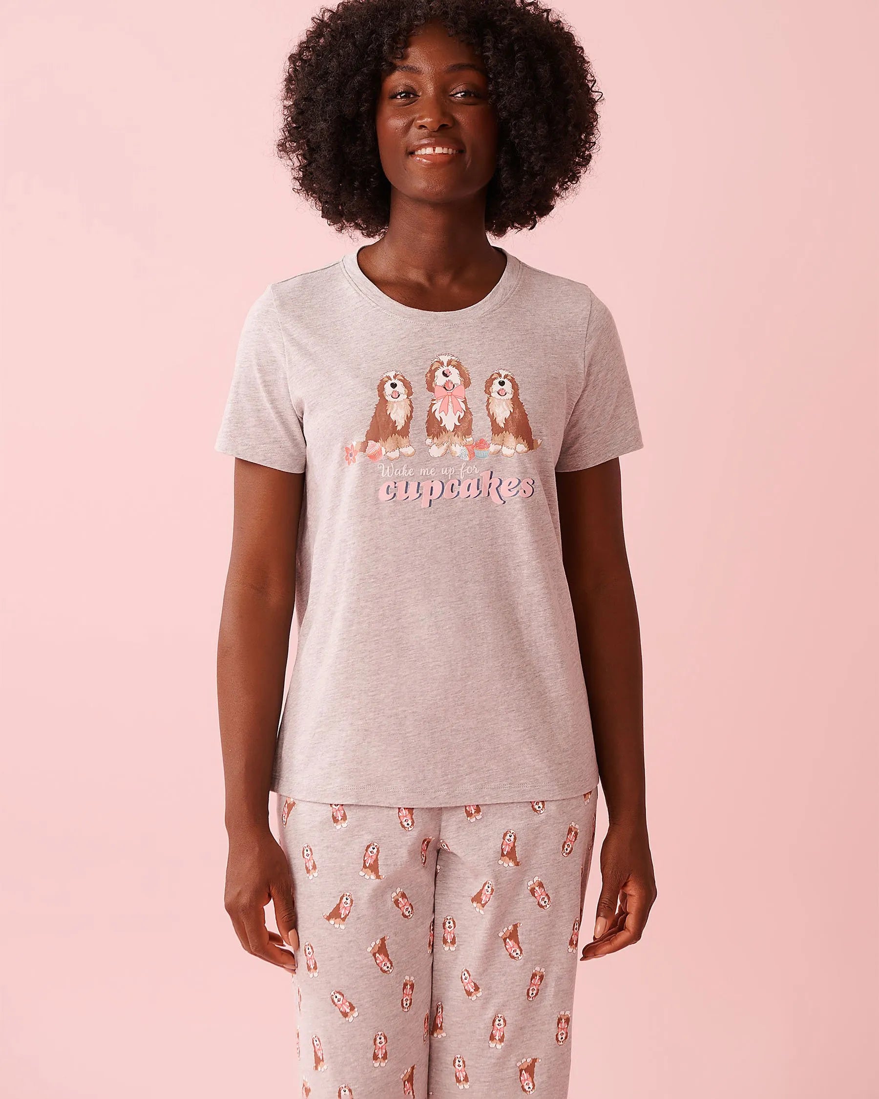 La Vie en Rose Comfy Grey Mix Women Dog &amp; Cupcake Print Cotton Crew Neck T-shirt SKU: 40100836_00007 Image 01