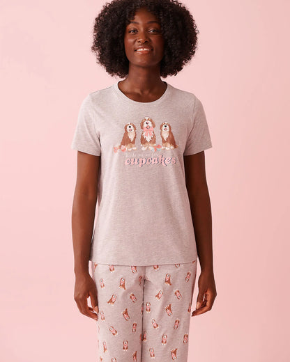 La Vie en Rose Comfy Grey Mix Women Dog &amp; Cupcake Print Cotton Crew Neck T-shirt SKU: 40100836_00007 Image 01